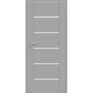 Szare drzwi wewnętrzne t.b.t. z pięcioma poziomymi białymi akcentami.