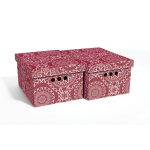 Dwa dekoracyjne bordowe kartonowe pudełka t.b.t. Pudełka z białym wzorem i otworem na uchwyt.