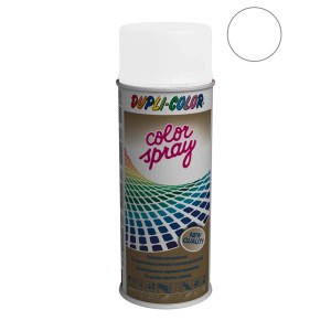 Biały spray Dupli-Color, do użytku wewnątrz i na zewnątrz.
