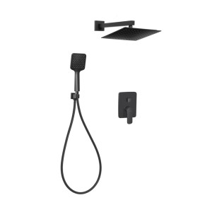 Czarny zestaw prysznicowy z deszczownicą, słuchawką i baterią.