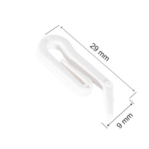 Biały haczyk do zasłon t.b.t. do karniszy, zbliżenie z wymiarami.