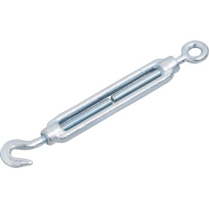 Srebrna śruba rzymska z hakiem i okiem do transportu i zabezpieczania ładunku.