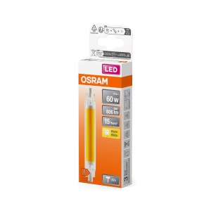 Żarówka LED Osram R7S, 60W, ciepła biel w pudełku.