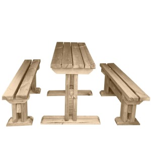 Drewniany stół piknikowy na plac zabaw. Stół z dwiema ławkami.