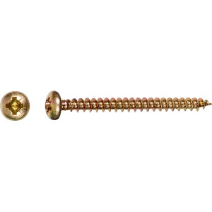 Żółta ocynkowana śruba do płyt wiórowych 5x50 mm z łbem półokrągłym i napędem PZ, 10 sztuk.