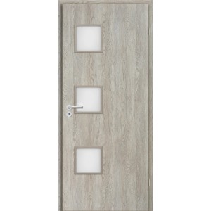 Nowoczesne drzwi wewnętrzne z trzema kwadratowymi wstawkami szklanymi i wzorem drewna.