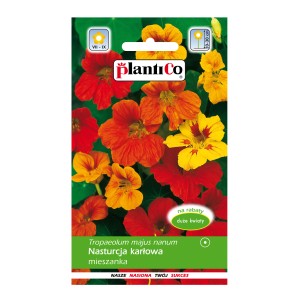 Opakowanie nasion nasturcji, mieszanka kwiatów czerwonych, pomarańczowych i żółtych.