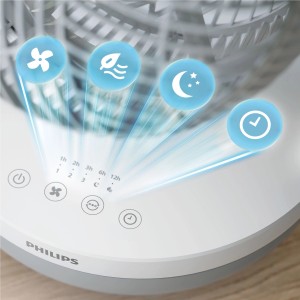 Zbliżenie na panel sterowania wentylatora z różnymi funkcjami i ustawieniami timera.