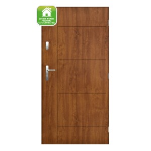 Brązowe drzwi zewnętrzne z srebrną klamką i zamkiem. Drzwi wejściowe z efektem drewna.