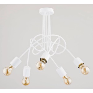 Biała lampa wisząca t.b.t. z pięcioma żarówkami do pomieszczeń mieszkalnych.