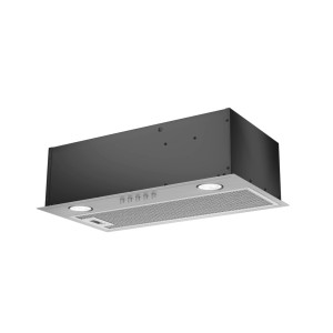 Płaski okap OBI t.b.t. ze stali nierdzewnej z czarną obudową i zintegrowanym oświetleniem.