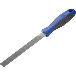 Pilnik warsztatowy płaski tępy LUX-TOOLS 150 mm z niebiesko-czarnym komfortowym uchwytem do obróbki metalu.