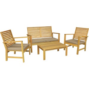 t.b.t. Drewniany zestaw mebli ogrodowych z ławką, dwoma krzesłami i stołem.