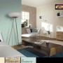Salon z kolorami ścian w odcieniach mięty, beżu i brązu. Kolorowe farby do ścian marki t.b.t.