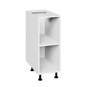 Biała szafka dolna t.b.t. z dwiema otwartymi przegrodami i czarnymi nóżkami.