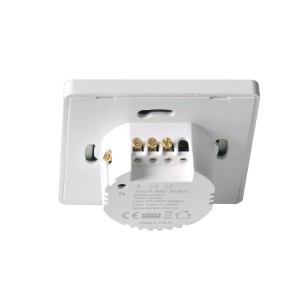 Widok z tyłu białego przełącznika t.b.t. z przyłączami do instalacji elektrycznej.