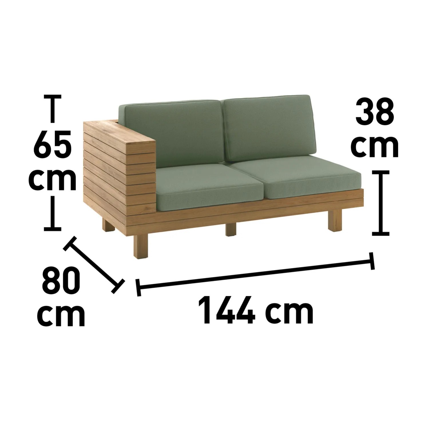 Narożny zestaw wypoczynkowy Jeruk, 2-osobowa sofa z drewna akacjowego FSC z zielonymi poduszkami, wymiary