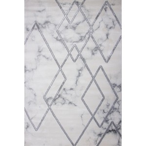 Dywan z krótkim włosiem t.b.t. z marmurowym wzorem i rombami w kolorze szarym i białym.