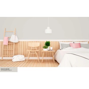 Sypialnia z farbą do ścian. Jasna, przyjazna atmosfera z drewnianą boazerią i pastelowymi akcentami.