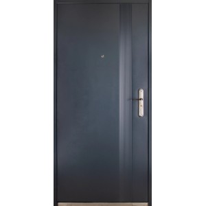Nowoczesne drzwi wewnętrzne t.b.t. w kolorze antracytowym z pionowym elementem dekoracyjnym i klamką.