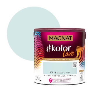 Puszka farby Magnat #kolor Love, odcień KL23 Delikatna Mięta, 2,5L. Kolorowa farba do ścian.
