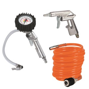 Einhell 3-częściowy zestaw narzędzi pneumatycznych: pistolet do pompowania opon, pistolet do przedmuchiwania i wąż spiralny.