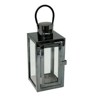 Czarny lampion t.b.t. z metalu i szkła z uchwytem.
