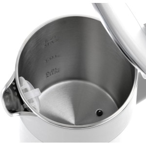 Widok wnętrza czajnika t.b.t. ze stali nierdzewnej ze wskaźnikiem poziomu wody.