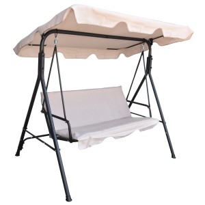 Beżowa huśtawka ogrodowa z daszkiem i poduszkami na siedzisko.