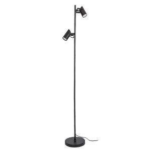 Czarna lampa podłogowa t.b.t. z trzema reflektorami do oświetlenia salonu.