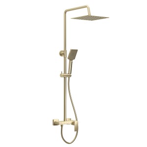 Złota kolumna prysznicowa t.b.t. z deszczownicą i słuchawką do nowoczesnych łazienek.