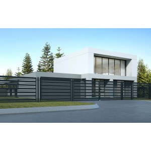 Nowoczesny dom z szarym metalowym ogrodzeniem. Ogrodzenie ogrodowe t.b.t.