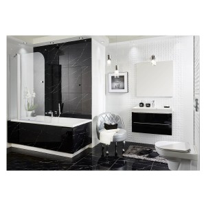 Nowoczesna czarno-biała łazienka z wanną, umywalką i toaletą.