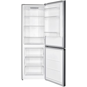 Otwarta chłodziarko-zamrażarka t.b.t. z półkami i szufladami.