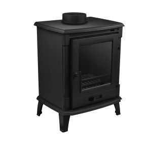 Czarny piec kominkowy z szybą dla przytulnego ciepła w domu.