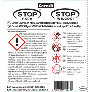 Ceresit STOP Wilgoci AERO 360° wkład, instrukcje i ostrzeżenia.