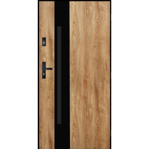 Nowoczesne drzwi zewnętrzne z efektem drewna i czarnym akcentem.