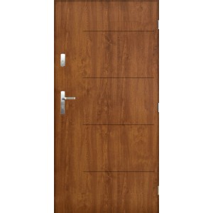 Brązowe drzwi zewnętrzne z fakturą drewna i poziomymi liniami dekoracyjnymi.