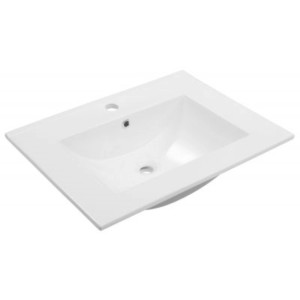 Prostokątna, biała umywalka nablatowa t.b.t. do łazienki.