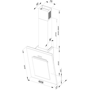 Rysunek techniczny okapu ściennego t.b.t. z wymiarami.