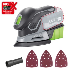 LUX Akumulatorowa szlifierka wielofunkcyjna A-MS-20 (bez akumulatora/ładowarki) z pojemnikiem na pył, adapterem do odkurzacza i papierem ściernym.