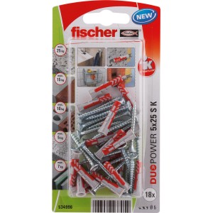 Zestaw kołków Fischer Duopower 5X25 S K, składający się z kołków i wkrętów.