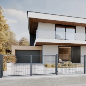 Szary metalowy płot t.b.t. przed nowoczesnym domem. Solidne rozwiązanie ogrodzeniowe dla Twojej posesji.