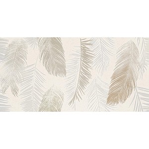 Płytka dekoracyjna z motywem piór w odcieniach beżu i szarości.