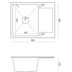 Rysunek techniczny zlewozmywaka ze stali nierdzewnej t.b.t. z wymiarami.