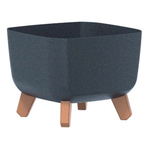 Niebieska doniczka t.b.t. z drewnianymi nóżkami do roślin domowych.
