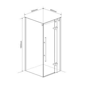 Rysunek techniczny kwadratowej kabiny prysznicowej z wymiarami (900x900x1950mm).