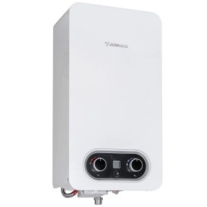 Biały przepływowy ogrzewacz wody Junkers z regulatorami do ciepłej wody.