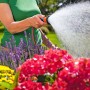Kobieta podlewa kwiaty zraszaczem Gardena. Opryskiwacz ogrodowy w użyciu.