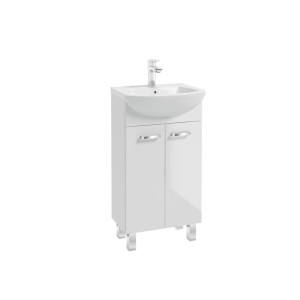 Biały zestaw mebli łazienkowych t.b.t. z umywalką i szafką pod umywalkę.